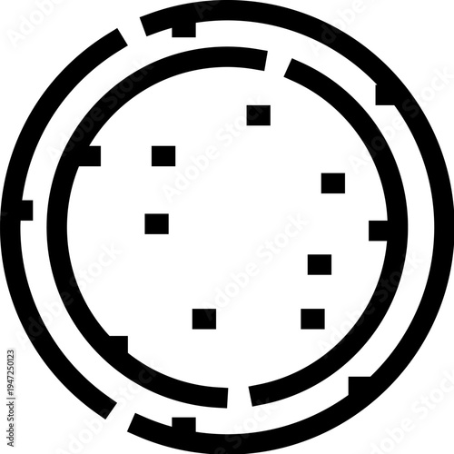 Round line art planet with internal square motifs and surrounding orbital ring, minimalist vector icon evoking satellite, networked globe, cosmic or data driven celestial object