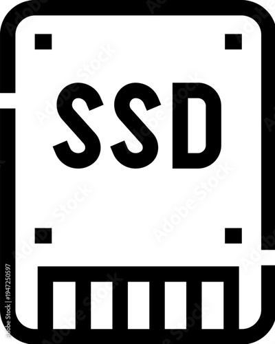 Ssd solid state drive icon representing high speed digital storage, memory and computing technology in a minimalist black outline style for hardware, it and web use