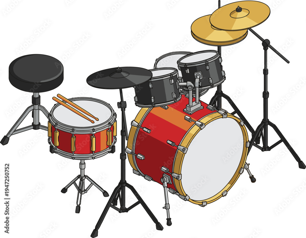 Fototapeta premium 3D illustration of complete drum set with snare bass drum toms cymbals and stool isolated on white background musical instrument concept for music design
