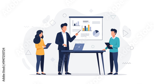 Business meeting with presentation, team collaboration, data analysis, and strategy discussion