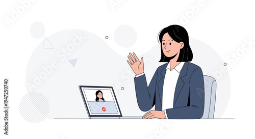 Woman waving hello on video call, remote work, online communication, business meeting