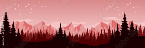Panoramic starry night mountain landscape with pine tree silhouettes for camping background
