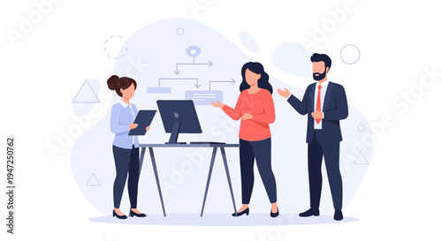 Business meeting: team discussing strategy with flowchart and computer