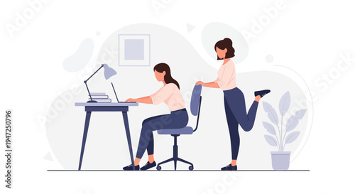 Woman working at desk while colleague does leg stretches, office wellness concept
