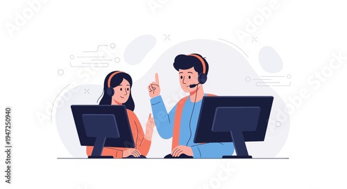 Customer service agents with headsets working on computers, teamwork, call center illustration