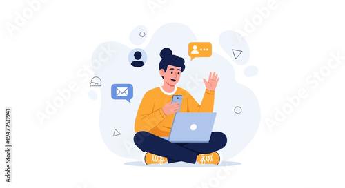 Young person using laptop and smartphone, communicating online with icons