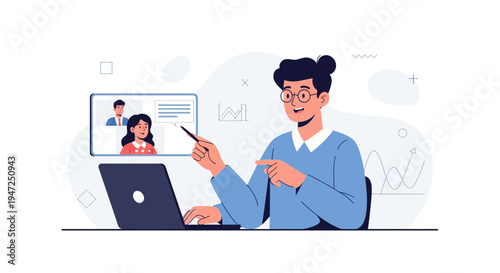 Man in video call, online meeting, remote work, presentation, learning, technology