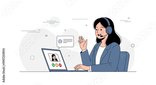 Woman with headset on video call, online communication, remote work, customer support