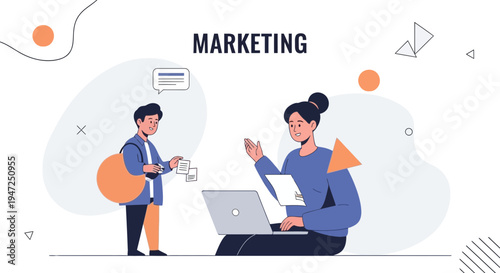 Marketing meeting: colleagues discuss strategy with laptop and charts