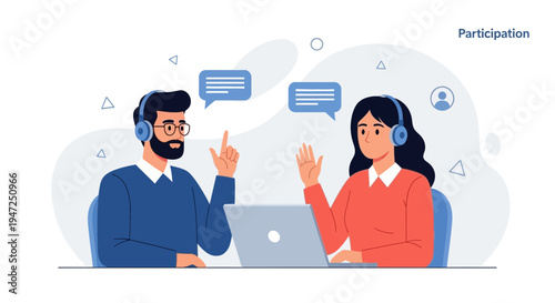 Diverse team collaborating online with video call and chat bubbles