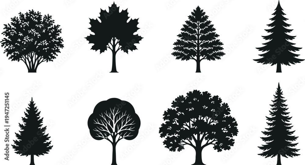 Fototapeta premium Collection of eight tree silhouettes, vector illustration of conifer, deciduous, broadleaf trees with diverse crown and foliage styles, flat vector illustration