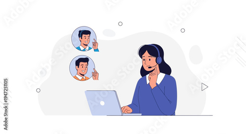 Customer service agent with headset talking to clients on laptop screen, remote communication