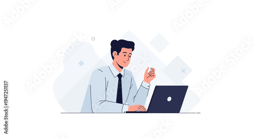 Young businessman working on laptop, focused and thinking, modern office illustration