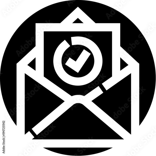 Envelope opening revealing a document with a circular checkmark icon, symbolizing confirmation, verification, and successful communication or approval in digital platforms