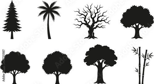 Collection of eight tree silhouettes, vector illustration of palm, conifer, bamboo, deciduous, broadleaf trees with diverse foliage styles, flat vector illustration