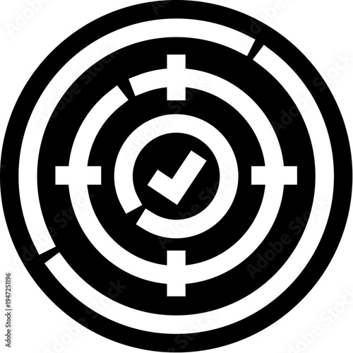 Target icon with centered check mark inside crosshairs, representing precise aim, goal completion, successful strategy, and accurate objective attainment in business and planning contexts