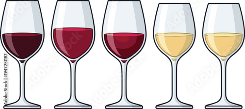 Red and white wine glass collection, set of alcoholic beverage drinks, vector illustration, isolated