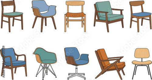 Modern Scandinavian and mid-century chair collection, designer furniture set, wooden seating vector illustration