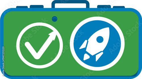 A green suitcase icon with a white check mark and rocket ship on separate blue circles
