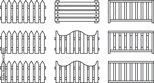 Collection of twelve fence silhouettes, vector illustration of picket, slat, bar, curved fences with varied decorative designs, flat vector illustration