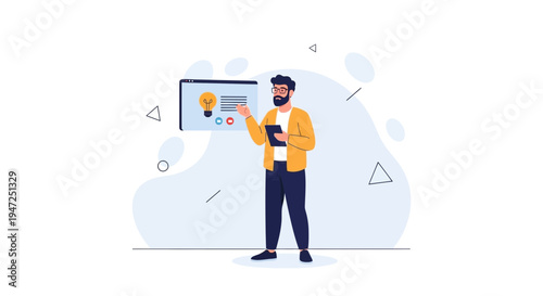 Man presenting idea on screen with lightbulb icon, business concept