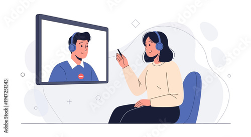 Woman on video call with man, online communication, remote work, technology concept
