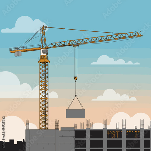 A large yellow tower crane lifts a heavy load over a construction site with partially built concrete structures under a blue sky.