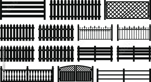 Fence and gate silhouette illustration set, decorative picket and ornamental barrier icons representing architecture and landscaping theme - flat vector illustration