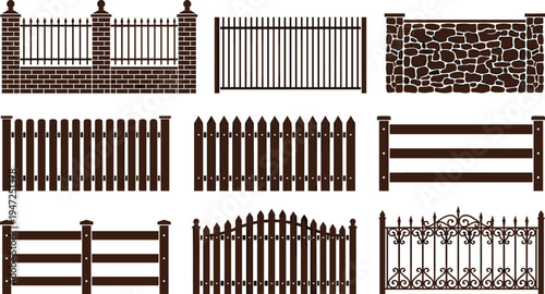 Fence silhouette illustration set, diverse designs including brick, stone, wrought iron, picket and lattice styles representing outdoor architecture theme - flat vector illustration