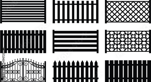 Fence silhouette illustration set, diverse designs including lattice, picket, horizontal slats and ornate gates representing outdoor architecture theme - flat vector illustration