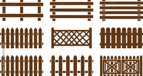 Fence silhouette illustration set, diverse designs including picket, lattice, horizontal slats and decorative gates representing outdoor architecture theme - flat vector illustration