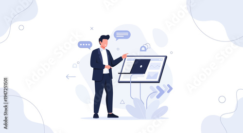 Man presenting on a digital screen, business meeting, online presentation, digital marketing
