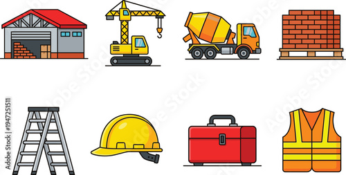 Construction site equipment and building materials set, industrial machinery and safety gear vector collection