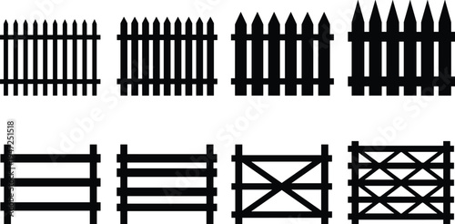 Set of twelve black fence silhouettes, vector illustration of picket and rail fences, decorative barriers, architectural landscape design elements, flat vector illustration