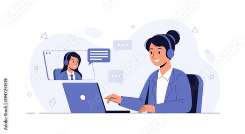 Customer service operator with headset on video call, online support, communication