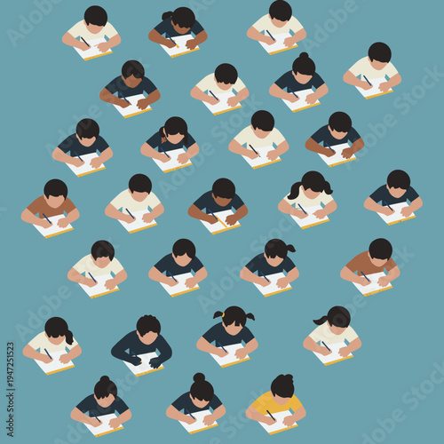 A diverse group of students sitting at desks and writing on paper, viewed from above.