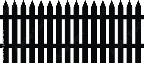 Silhouette of classic picket fence, vector illustration of residential wooden fence with pointed slats and horizontal rails, flat vector illustration