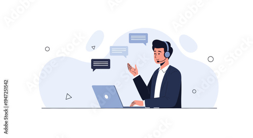 Customer service agent with headset and laptop, communication and support concept