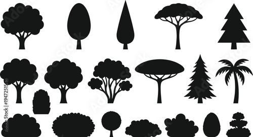 Tree and bush silhouette illustration set, diverse icons including conifers, palms, deciduous and stylized vegetation representing forest theme - flat vector illustration