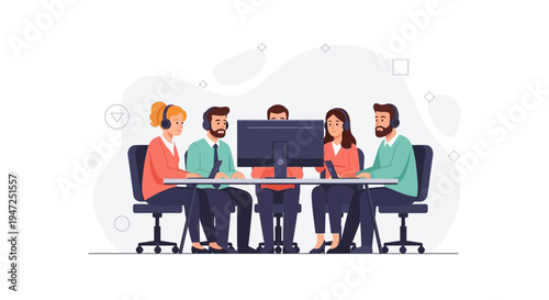 Teamwork in office, people with headsets working together on computer