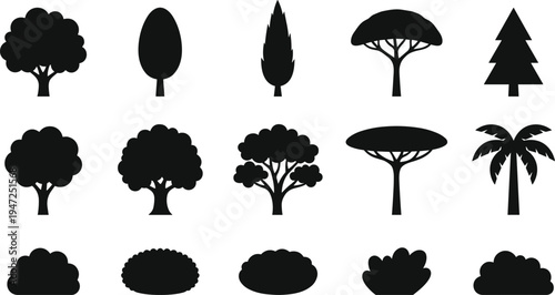 Tree and bush silhouette illustration set, diverse icons including conifers, palms, deciduous and stylized vegetation representing landscape theme - flat vector illustration