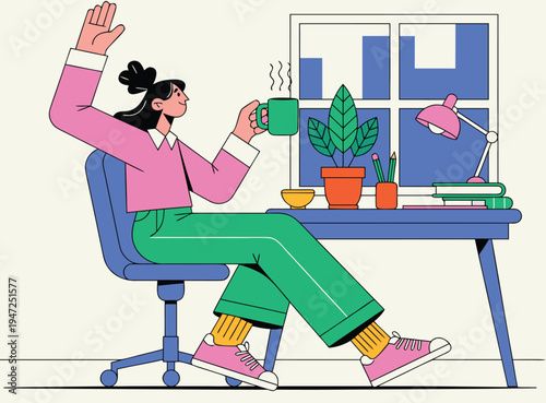 Relaxed Young Woman Stretching At Home Office Desk With Coffee During Productive Work Break Vector Illustration