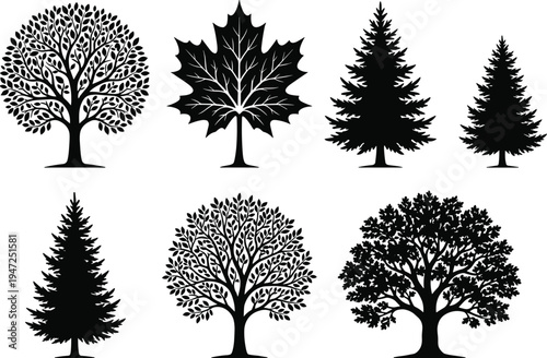 Tree and leaf silhouette vector illustration, conifer broadleaf icons, forest nature artwork, botanical outdoor design, landscape plant scene - flat vector illustration