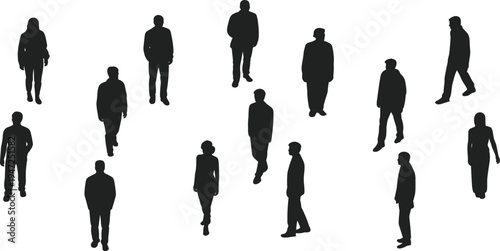 People walking silhouettes collection isolated on white background, men and women crowd figures in different poses for urban lifestyle, social concept and design elements