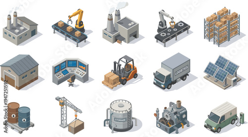 Industrial factory and logistics warehouse set, manufacturing machinery and renewable energy isometric vector illustration
