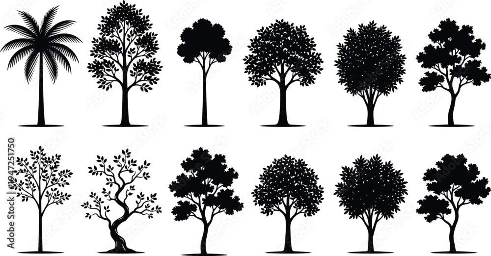 Fototapeta premium Tree silhouette illustration set, diverse species icons with symmetrical and irregular foliage patterns representing nature theme - flat vector illustration