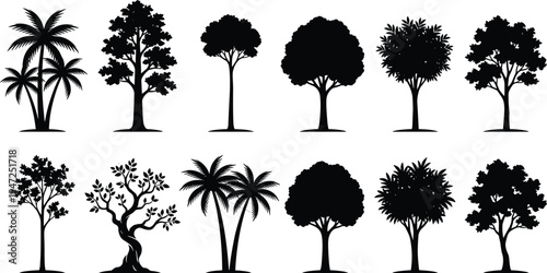 Tree silhouette illustration set, diverse species icons including palm, twisted trunk and leafy canopies representing nature theme - flat vector illustration