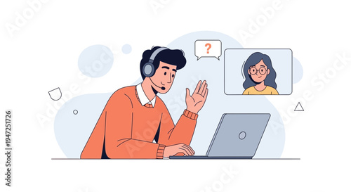 Online Consultation: Man with headset video calls woman with question mark