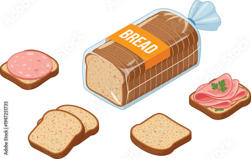 Sliced whole wheat bread in plastic packaging and sandwiches with ham, vector food illustration, isolated