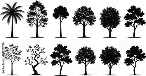 Tree silhouette illustration set, diverse species icons with symmetrical and irregular foliage patterns representing nature theme - flat vector illustration